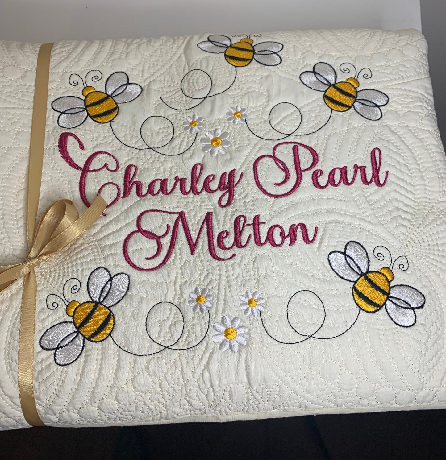 Bumble Bee Quilt: Personalized Matelassé Embroidered Cotton Quilt