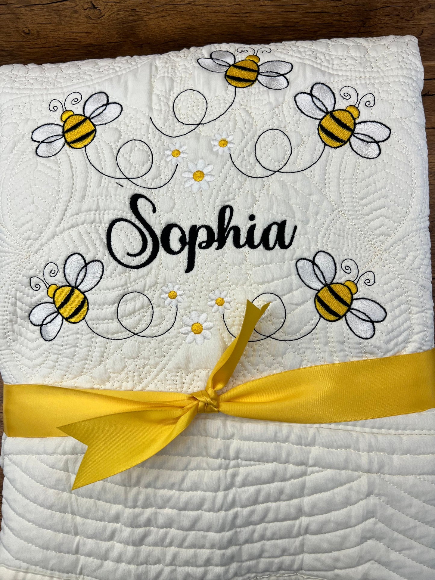 Bumble Bee Quilt: Personalized Matelassé Embroidered Cotton Quilt