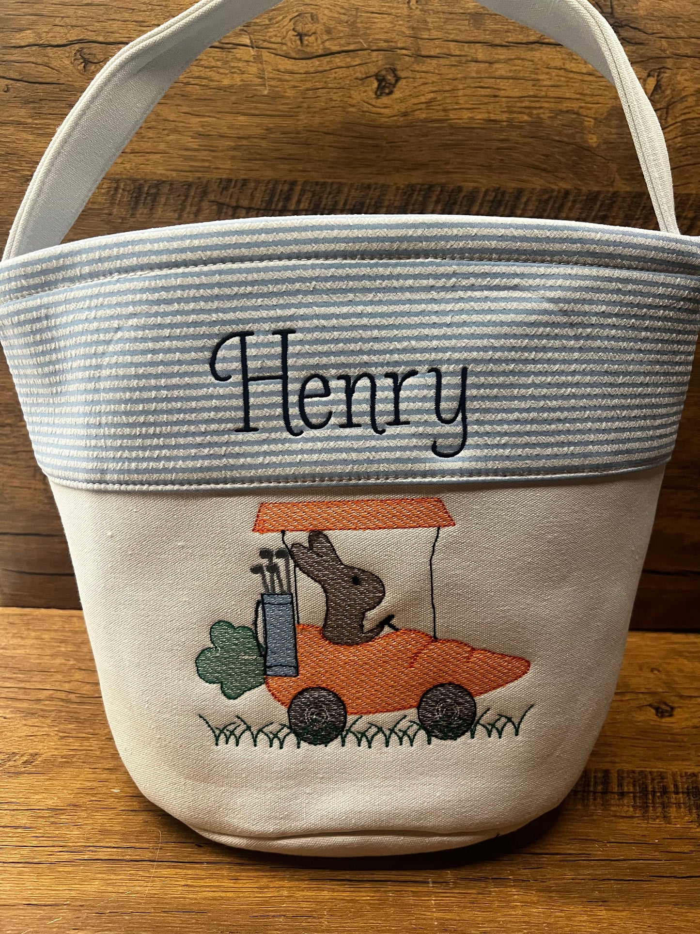 Monogrammed Seersucker Easter Basket: Kids Personalized Canvas Tote