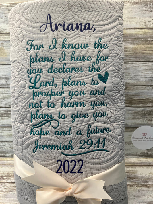 Custom Embroidered Quilt: Biblical Verse, Matelassé Design