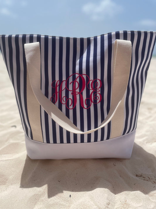 Embroidered Striped Beach Tote Bag: Monogrammed Canvas Gift