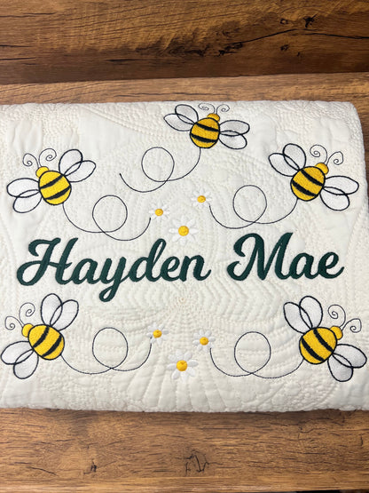 Bumble Bee Quilt: Personalized Matelassé Embroidered Cotton Quilt