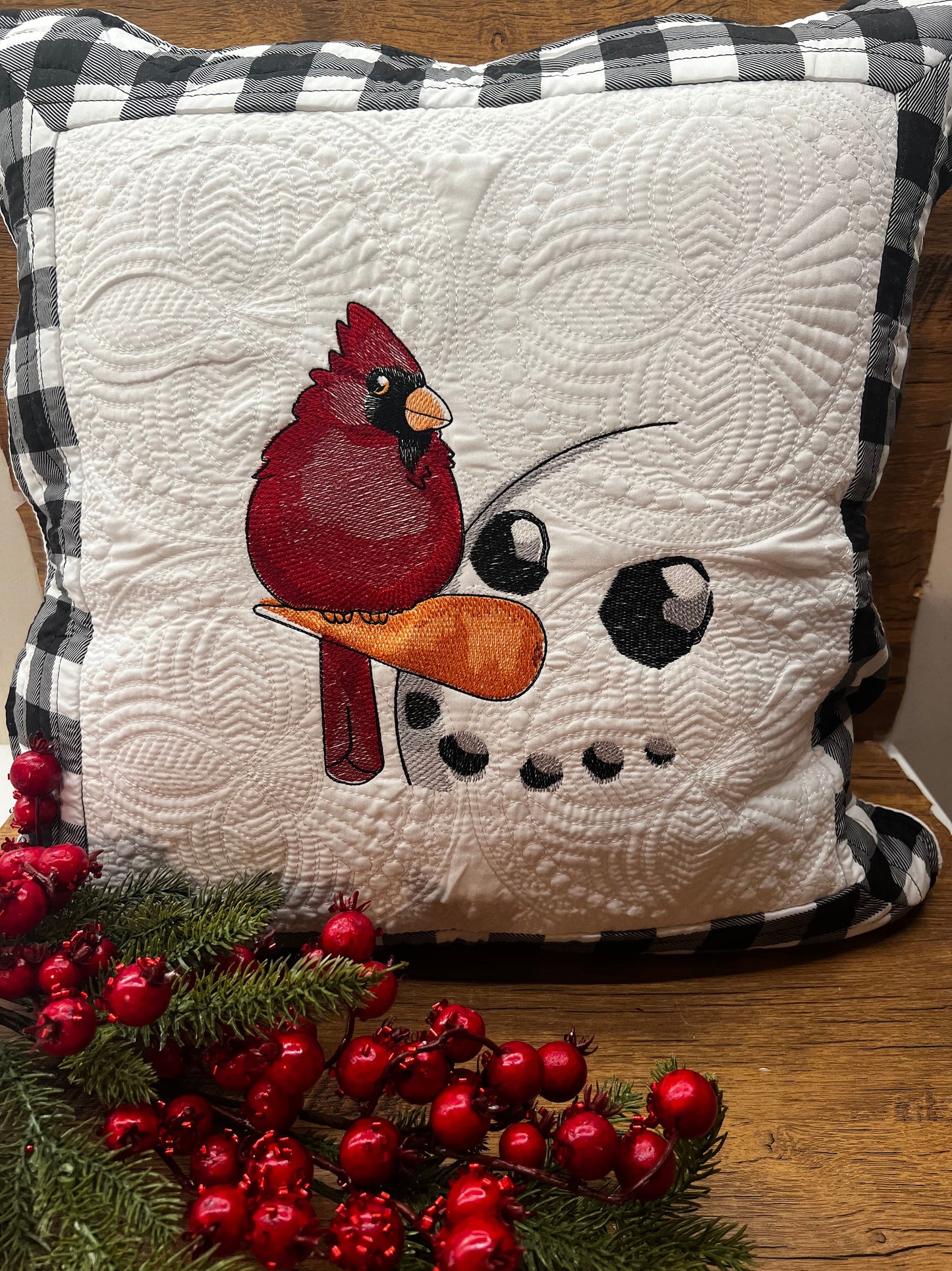 Embroidered Christmas Pillow Cover: Snowman and Cardinal Design
