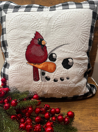 Embroidered Christmas Pillow Cover: Snowman and Cardinal Design
