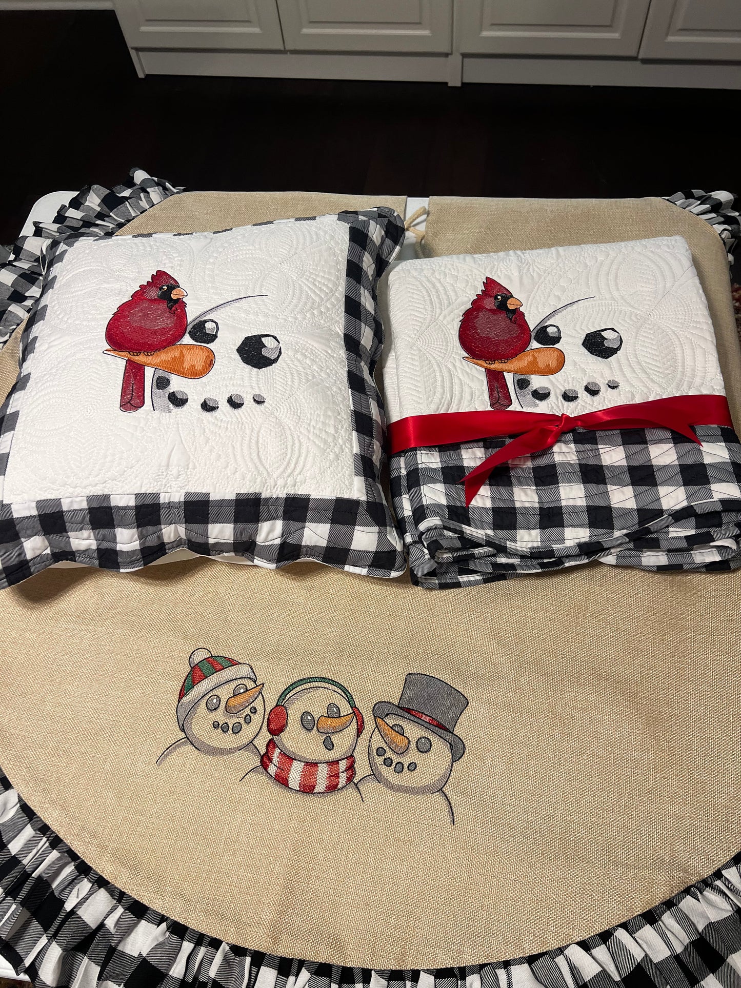 Embroidered Christmas Pillow Cover: Snowman and Cardinal Design