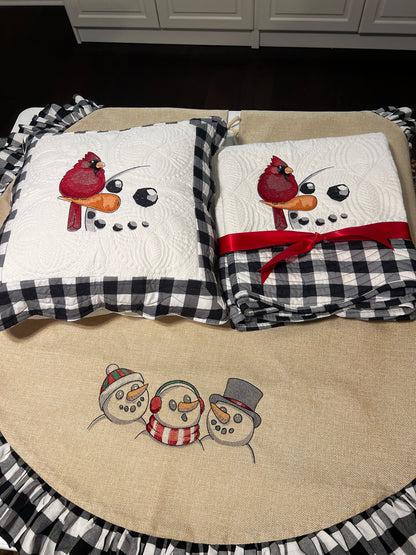 Embroidered Christmas Pillow Cover: Snowman and Cardinal Design