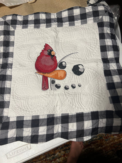 Embroidered Christmas Pillow Cover: Snowman and Cardinal Design