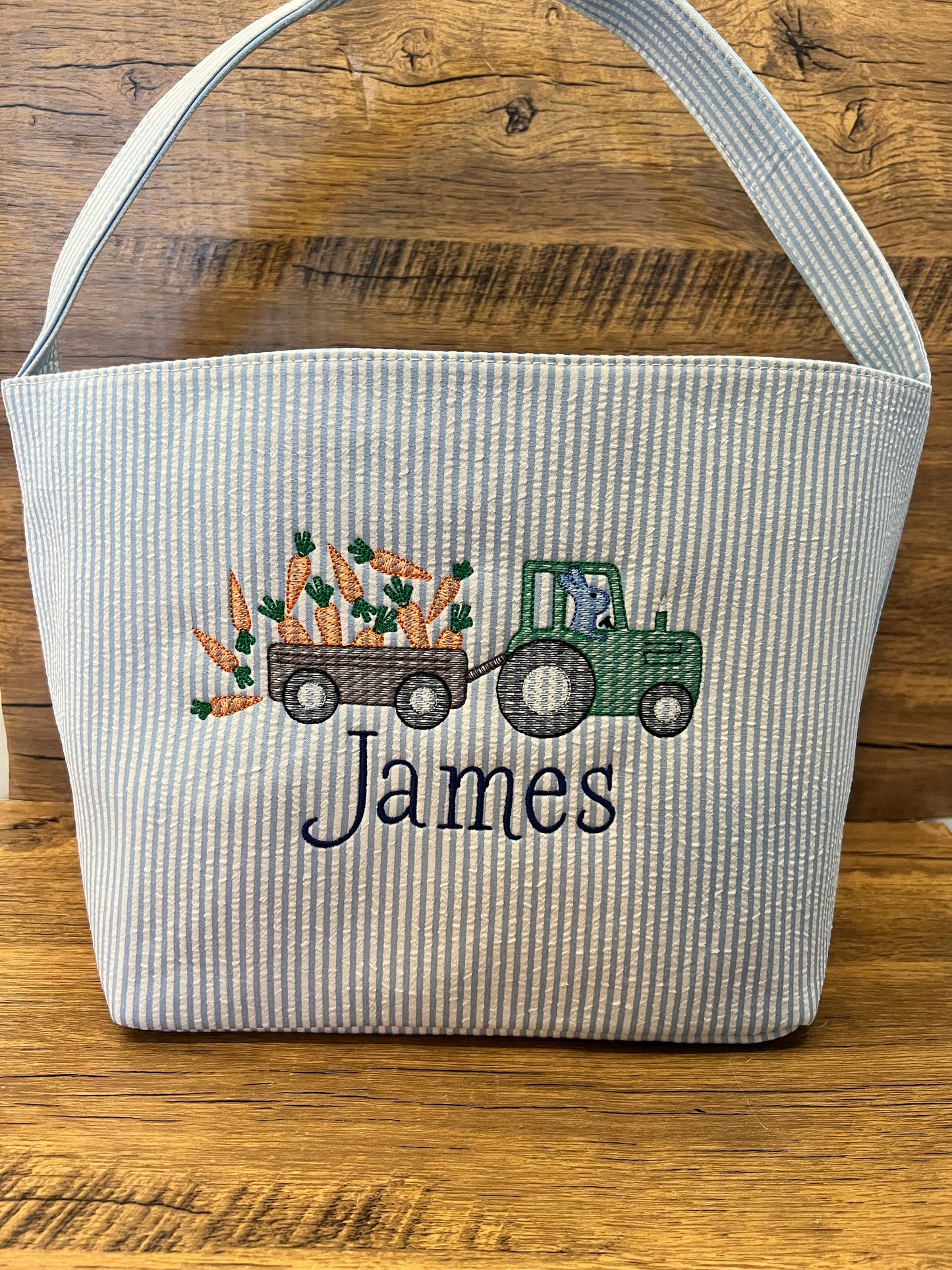 Monogrammed Seersucker Easter Basket: Embroidered Kids Easter Tote