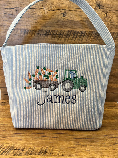 Monogrammed Seersucker Easter Basket: Embroidered Kids Easter Tote