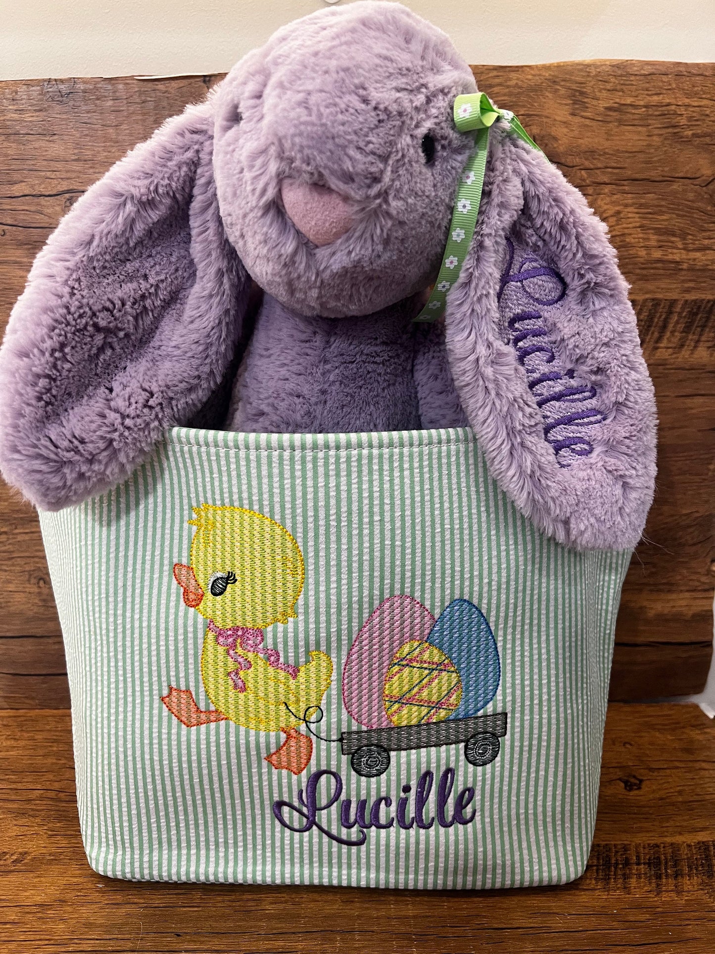 Monogrammed Seersucker Easter Basket with Plush Bunny