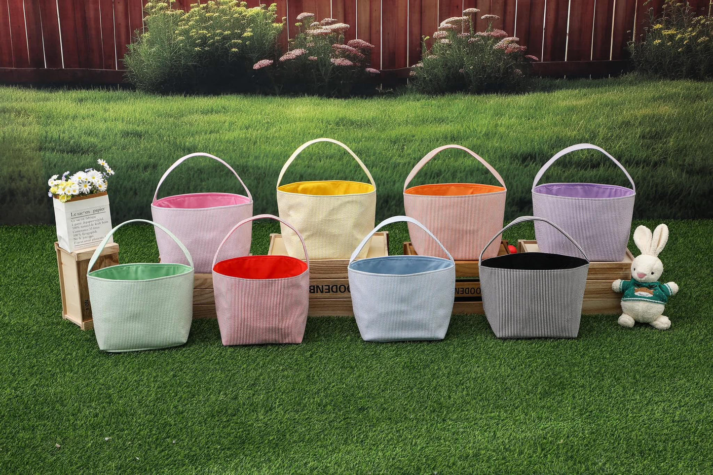 Monogrammed Seersucker Easter Basket: Kids Personalized Tote (10x9)