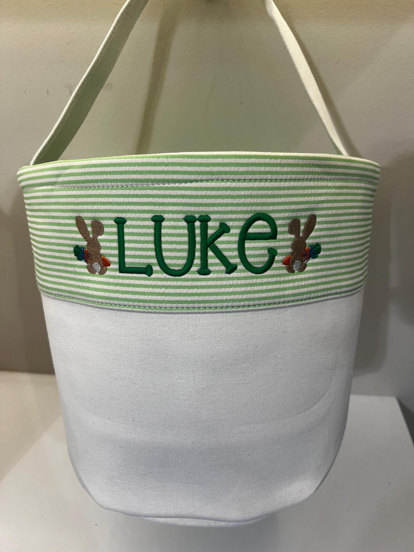 Monogrammed Seersucker Easter Basket: Embroidered Bunny Tote