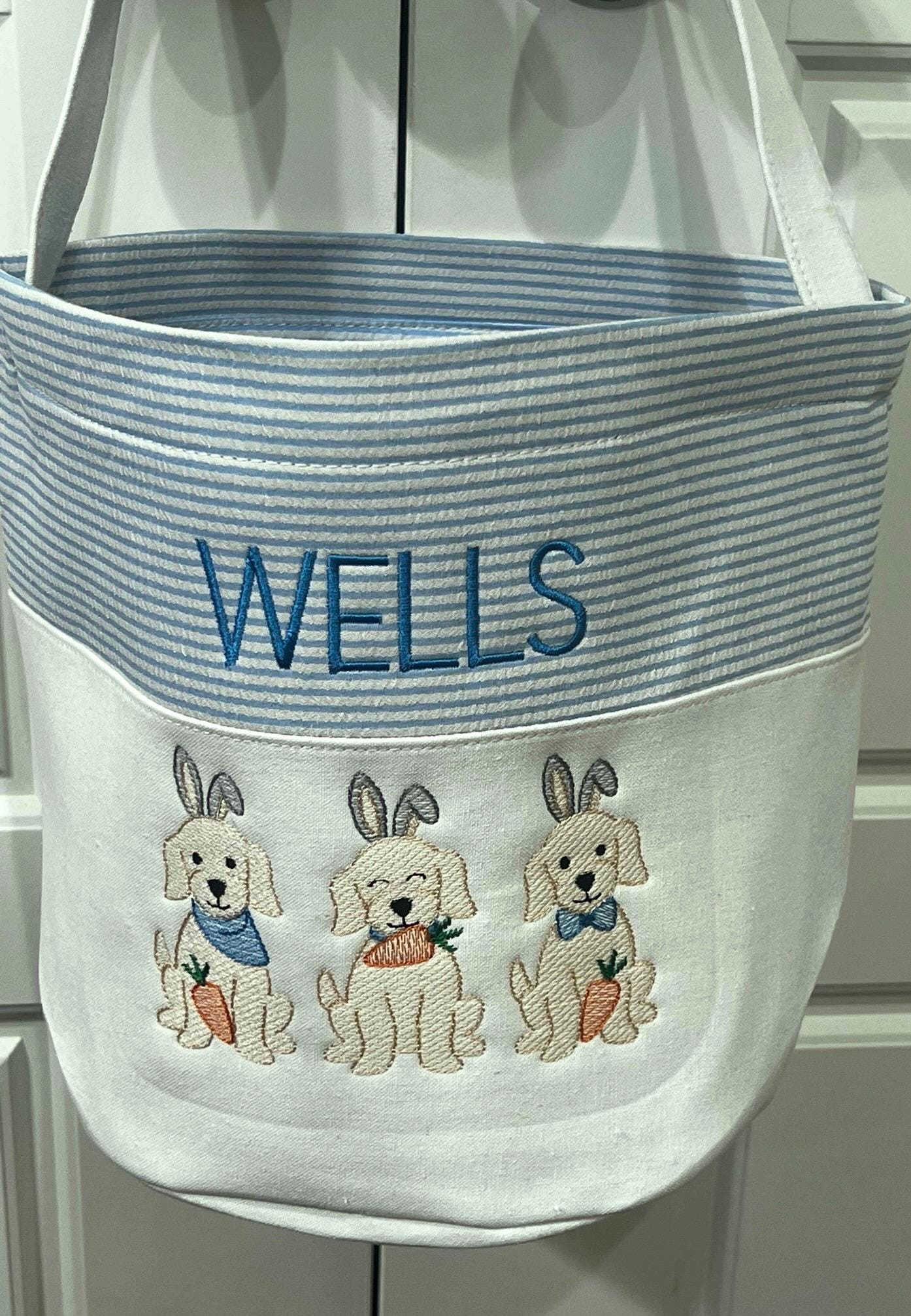 Monogrammed Seersucker Easter Basket: Embroidered Dog Design