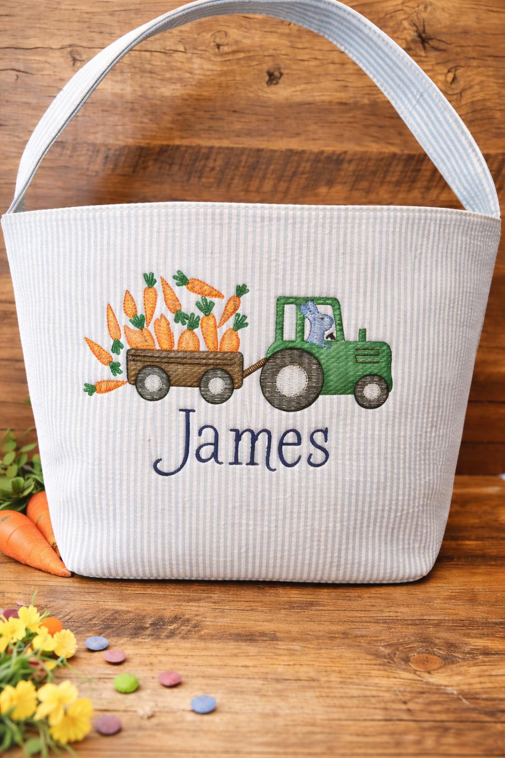 Monogrammed Seersucker Easter Basket: Embroidered Kids Easter Tote