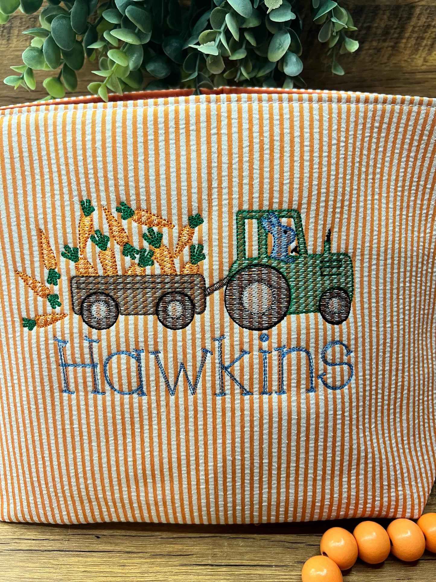Monogrammed Seersucker Easter Basket: Embroidered Kids Easter Tote