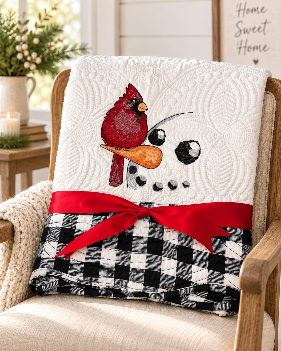 Embroidered Christmas Quilt: Snowman Cardinal, Buffalo Plaid, Personalized